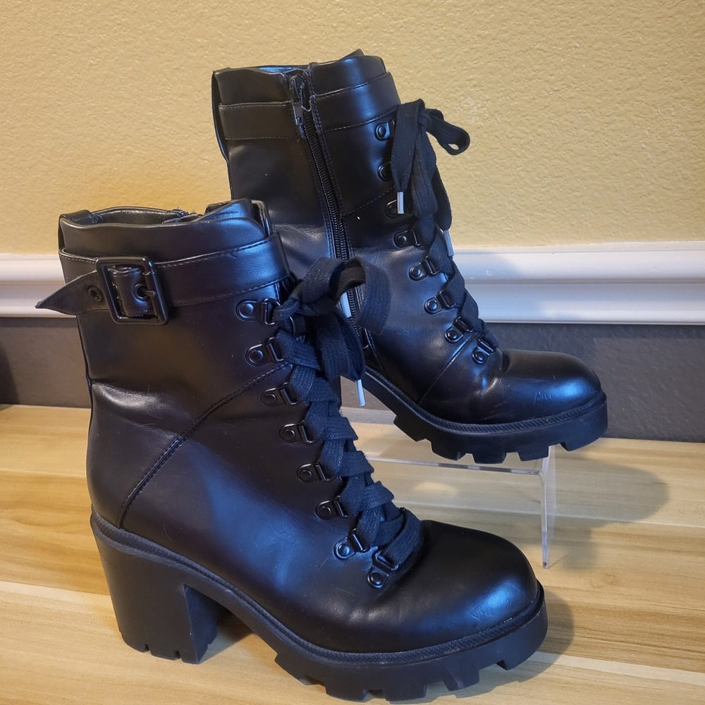 Mix No.6 Boots Valera Lace Up  Combat Block Heels Black Faux Leather Women's 8M - Picture 4 of 16